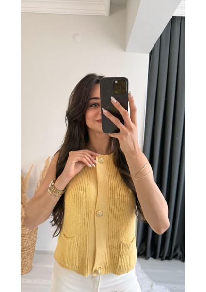 Freja Gold Düğmeli Triko Hırka Sarı modelleri