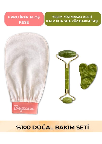 3’lü Premium Set Ekru Ipek Kese, Yeşim Yüz Masaj Aleti ve Kalp Gua Taşı