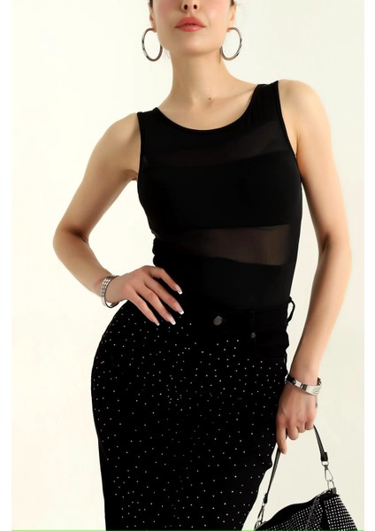 Tül Detaylı Transparan Bodysuit
