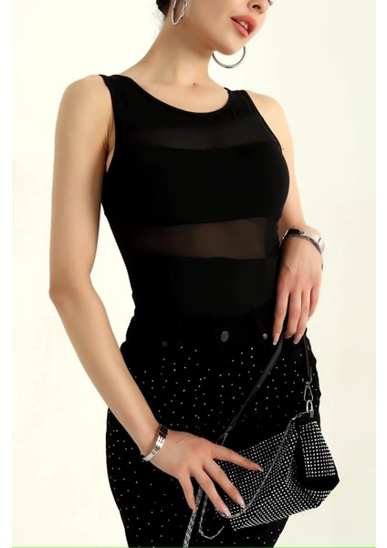 Tül Detaylı Transparan Bodysuit