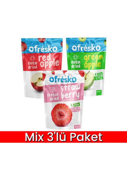 Kuru Meyve Cipsi 3'lü Mix Paket - Dondurularak Kurutulmuş Çilek / Fırınlanarak Kurutulmuş Yeşil ve Kırmızı Elma