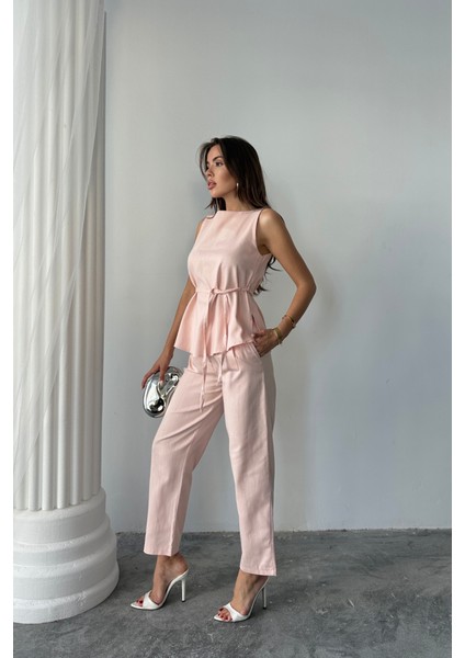 Miracotton Keten Bluz - Pantolon Takım Massimo Model Screat Kumaş - Pudra