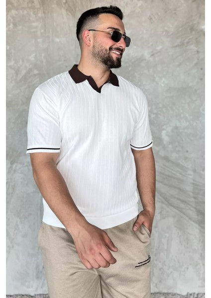 Erkek Polo Yaka Kendinden Çizgi Desenli Triko Tişört P-00016750