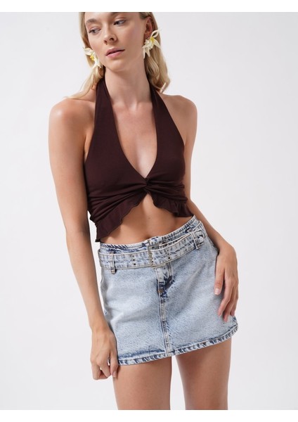 Kemer Detay Denim Mini Etek