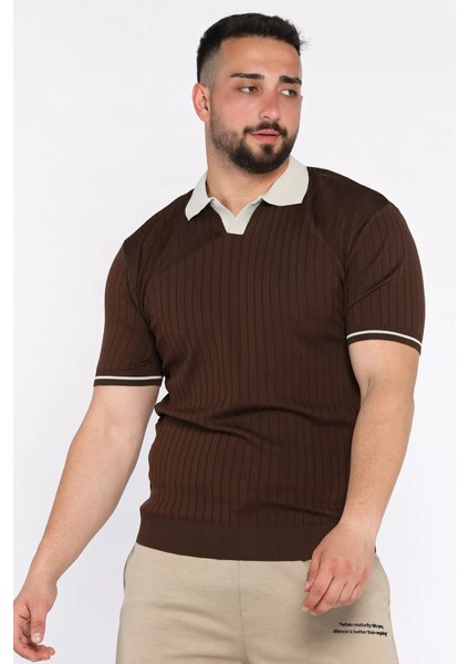 Erkek Polo Yaka Kendinden Çizgi Desenli Triko Tişört P-00016750