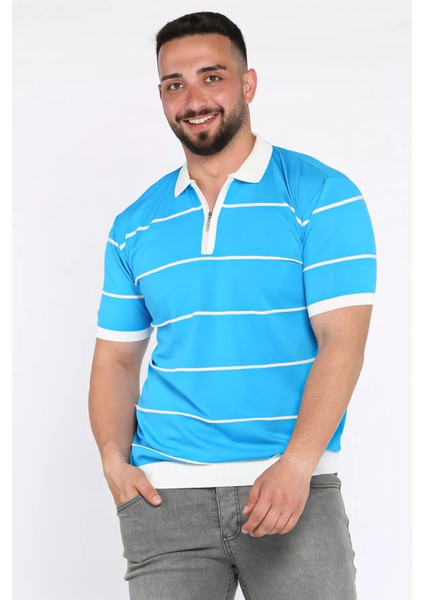 Erkek Polo Yaka Yarım Fermuarlı Çizgi Desenli Triko Tişört P-00016752