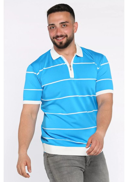 Erkek Polo Yaka Yarım Fermuarlı Çizgi Desenli Triko Tişört P-00016752 fiyatları
