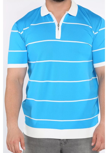 Erkek Polo Yaka Yarım Fermuarlı Çizgi Desenli Triko Tişört P-00016752 fırsatları