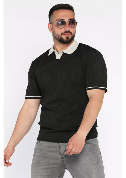 Erkek Polo Yaka Kendinden Çizgi Desenli Triko Tişört P-00016750
