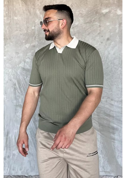 Erkek Polo Yaka Kendinden Çizgi Desenli Triko Tişört P-00016750