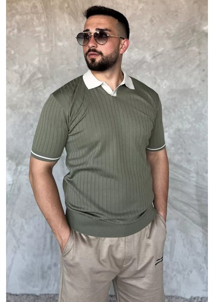 Erkek Polo Yaka Kendinden Çizgi Desenli Triko Tişört P-00016750 fiyatları