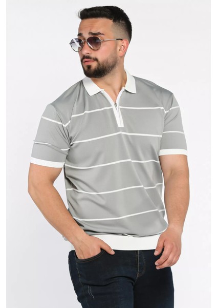 Erkek Polo Yaka Yarım Fermuarlı Çizgi Desenli Triko Tişört P-00016752 fiyatları