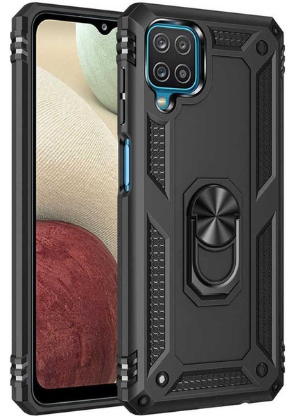 Samsung Galaxy A12 Uyumlu Kılıf Çift Katmanlı Polikarbon Koruma ve Manyetik Tutucu Stand Yüzük