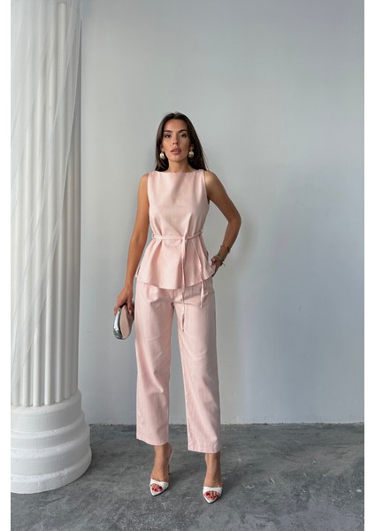 Keten Bluz - Pantolon Takım Massimo Model Screat Kumaş - Pudra