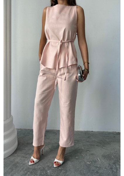 Keten Bluz - Pantolon Takım Massimo Model Screat Kumaş - Pudra fiyatları