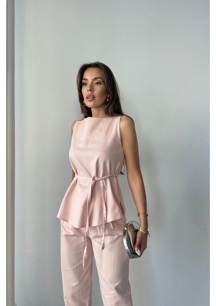 Keten Bluz - Pantolon Takım Massimo Model Screat Kumaş - Pudra fırsatları