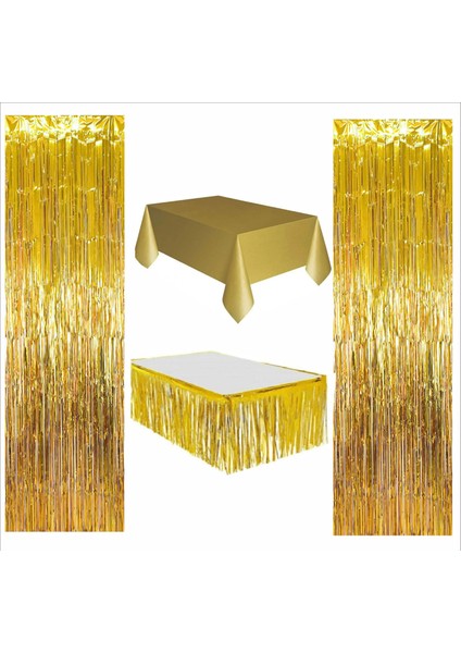 4 Parça Gold Masa Örtüsü,gold Masa Eteği, 2 Adet Gold Arka Fon