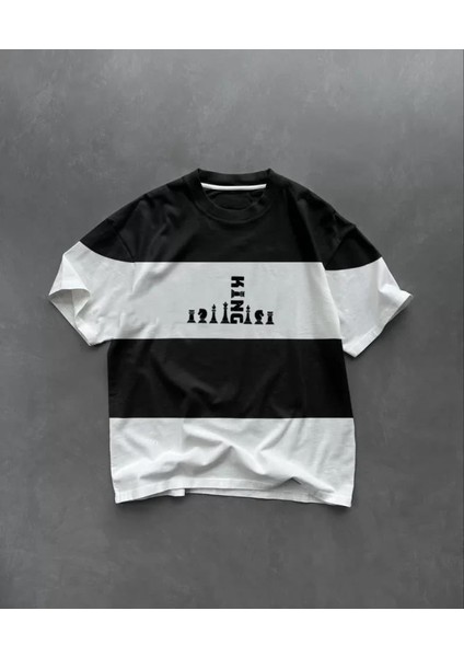 Unisex Bisiklet Yaka Baskılı Parçalı Oversize T-Shirt - Siyah fiyatları