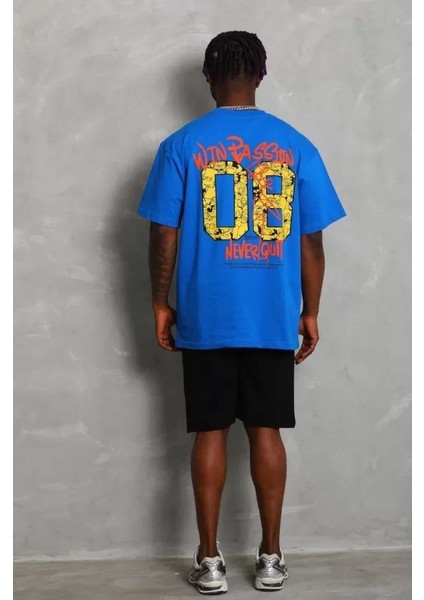 Unisex Oversize Baskılı Bisiklet Yaka T-Shirt - Mavi modelleri
