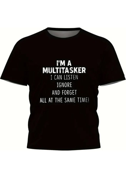 Baskılı Oversize Bisiklet Yaka T-Shirt - Siyah