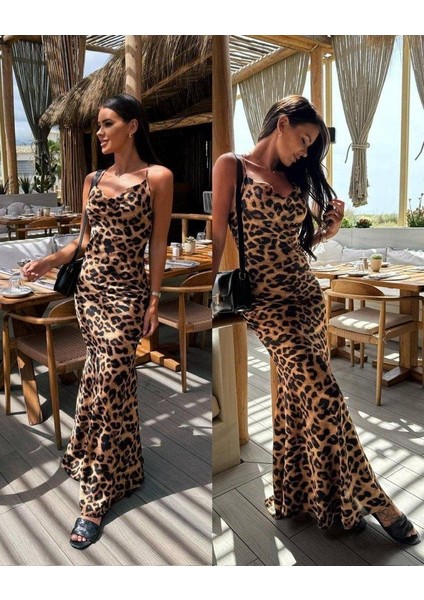Kadın Saten Kumaş Leopar Desenli Uzun Askılı Elbise