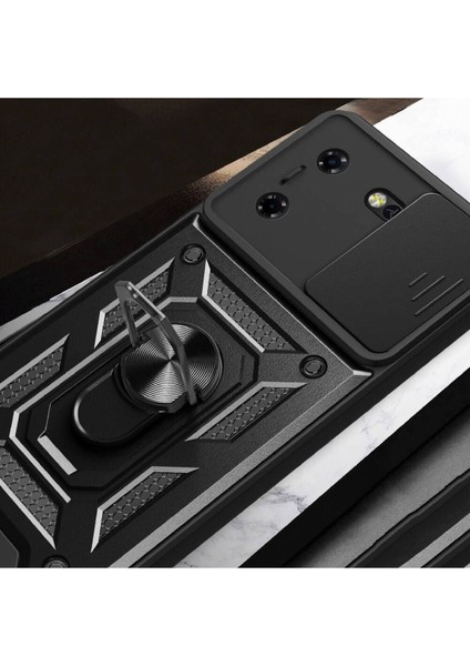 Tecno Pova 5 Kılıf Mıknatıslı Araç Tutucu Yüzük ve Kapaklı Lens Korumalı Sürgülü Tank Kılıf