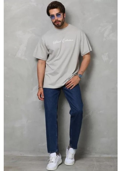Unisex Bisiklet Yaka Baskılı Oversize T-Shirt - Gri fiyatları