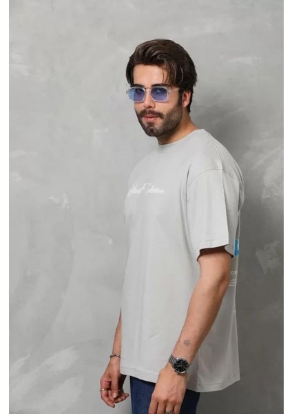 Unisex Bisiklet Yaka Baskılı Oversize T-Shirt - Gri fırsatları