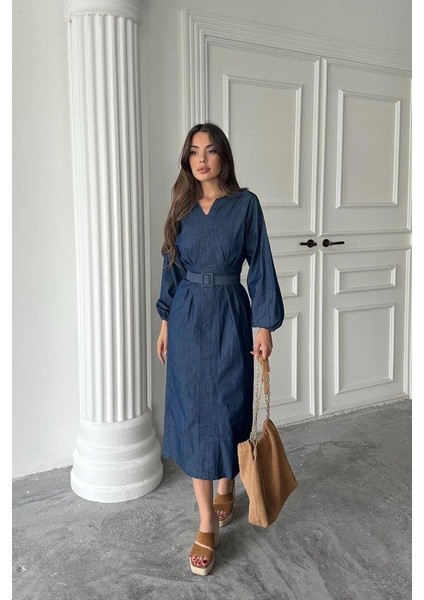 Mavi Tencel Uzun Kollu Elbise