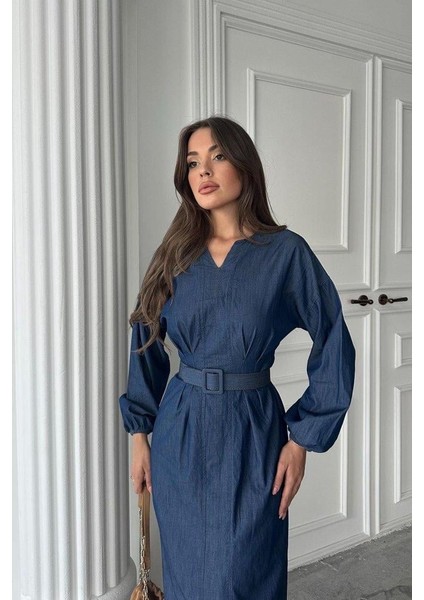 Mavi Tencel Uzun Kollu Elbise