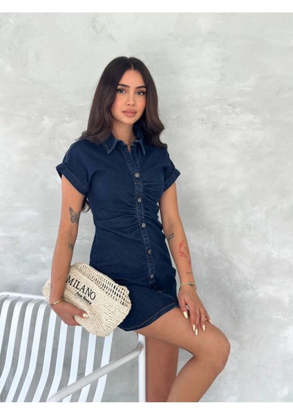 Kısa Kolu Mini Kot Kumaşından Likralı Elbise - Lacivert