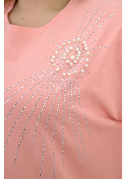 Kadın Büyük Beden Kısa Kollu Taş ve Inci Baskı Detaylı Oversize T-Shirt 1925-25