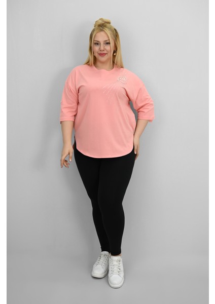 Kadın Büyük Beden Kısa Kollu Taş ve Inci Baskı Detaylı Oversize T-Shirt 1925-25 fiyatları