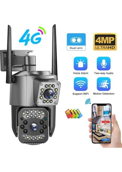 Çift Kameralı Sim Kart Ile Çalışan Elektrikli 4g Dual Ptz Akıllı Kamera