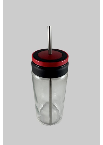 Vakumlu Kapaklı Metal Pipetli Cam Kavanoz Bardak 0,5ml Kırmızı Cam Matara