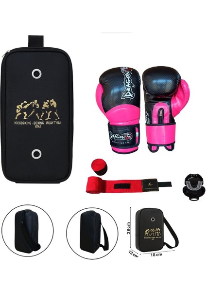 Carbon 5 Pembe Boks Eldiveni Kick Boks Muay Thai Eldiveni 3'lü Set ve Eldiven Taşıma Çantalı