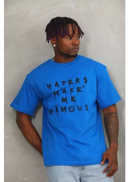 Unisex Oversize Baskılı Bisiklet Yaka T-Shirt - Mavi indirimleri