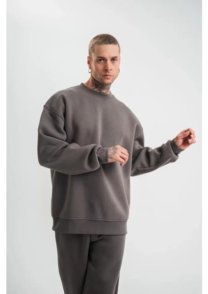 Uzun Kol Bisiklet Yaka Basic Sweatshirt - Füme indirimleri