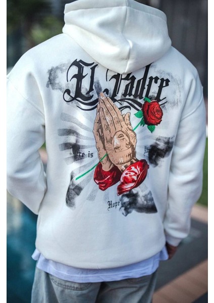 Üç Iplik Penye Kapşonlu Baskılı Sweatshirt - Beyaz indirimleri