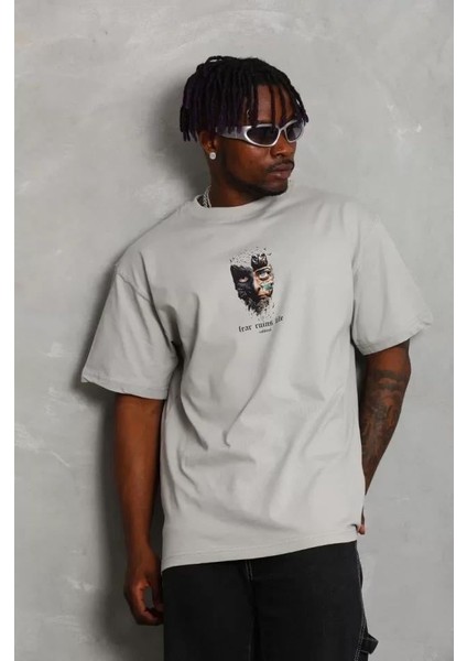Unisex Oversize Baskılı Bisiklet Yaka T-Shirt - Gri modelleri
