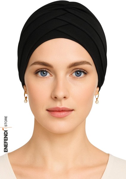 Üç Bantlı Bone Dış Bone Hijab Tesettür Siyah Hazır Sandy Kumaş