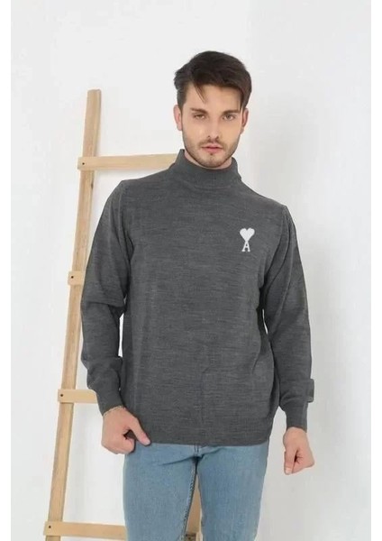 Unisex Yarım Boğazlı Baskılı Dokuma Triko - Füme