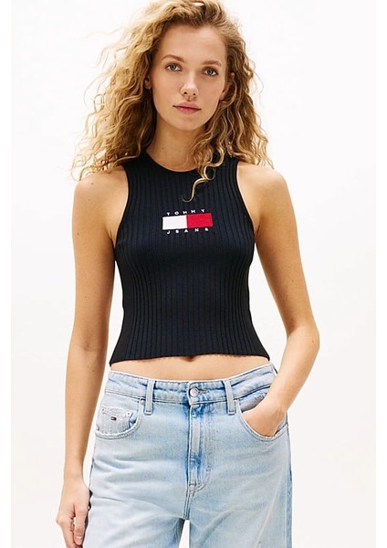 Kadın Ribbed Slim Racerback T-Shirt - Siyah