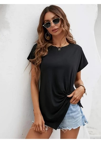 Kadın Kısa Kollu Asimetrik Kesim Bel Büzgü Düğüm Detay Viskon Bluz modelleri
