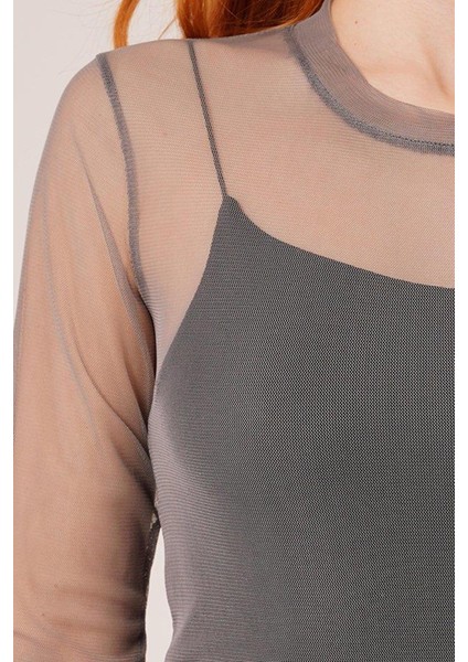 Transparan Gri Tül Basic Bluz