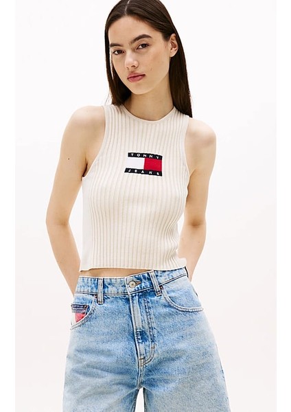 Kadın Ribbed Slim Racerback T-Shirt - Ekru