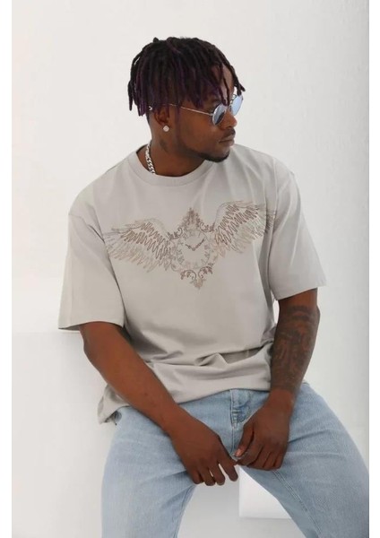Unisex Oversize Taşlı Bisiklet Yaka T-Shirt - Gri indirimleri
