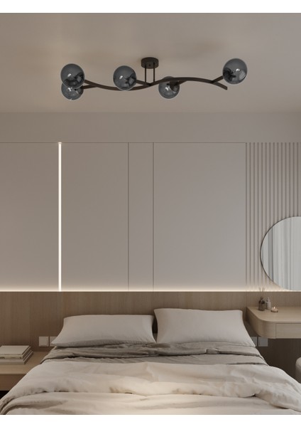 Noria Modern Siyah Metal Gövdeli 5’li Füme Renk Cam Küre Avize | Tavan Aydınlatma Avize Modeli