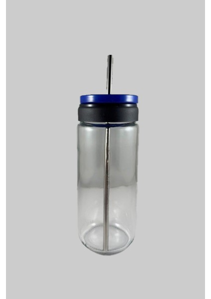 Mavi Pipetli Matara Vakumlu Kapaklı Metal Pipetli Cam Kavanoz Bardak 0,5ml