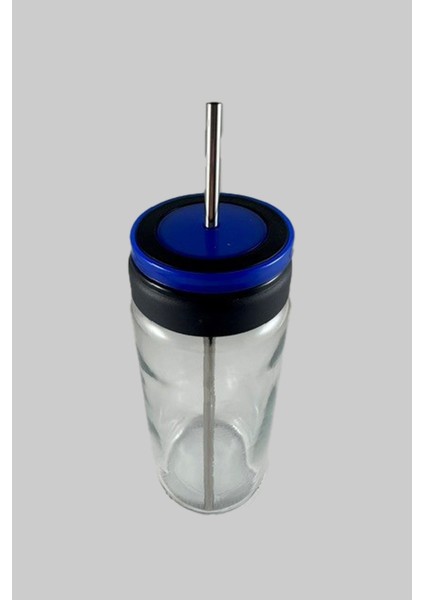 Mavi Pipetli Matara Vakumlu Kapaklı Metal Pipetli Cam Kavanoz Bardak 0,5ml